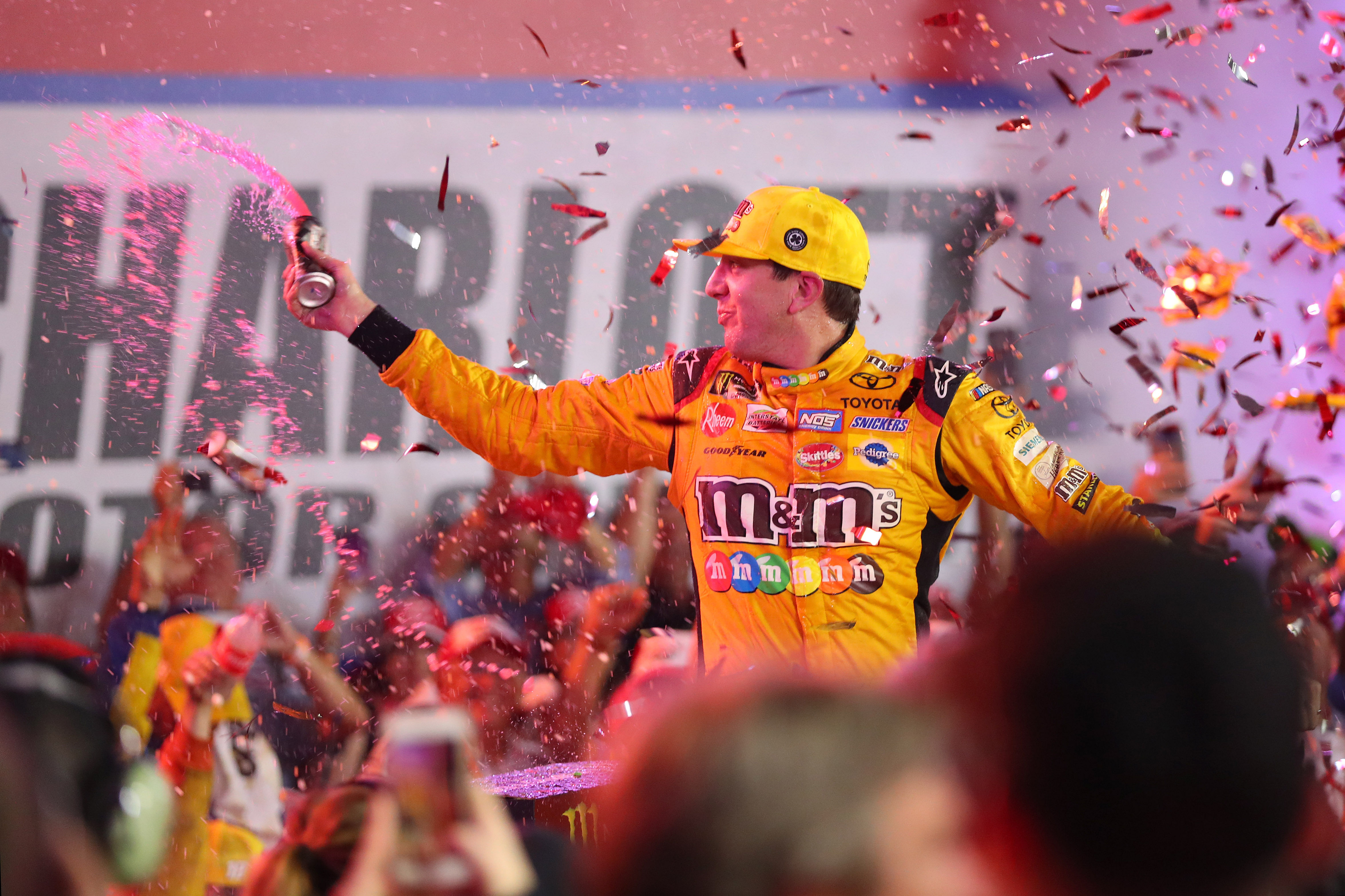 NASCAR Cup Series driver Kyle Busch (18) celebrates winning the Coca-Cola 600. Source: Imagn